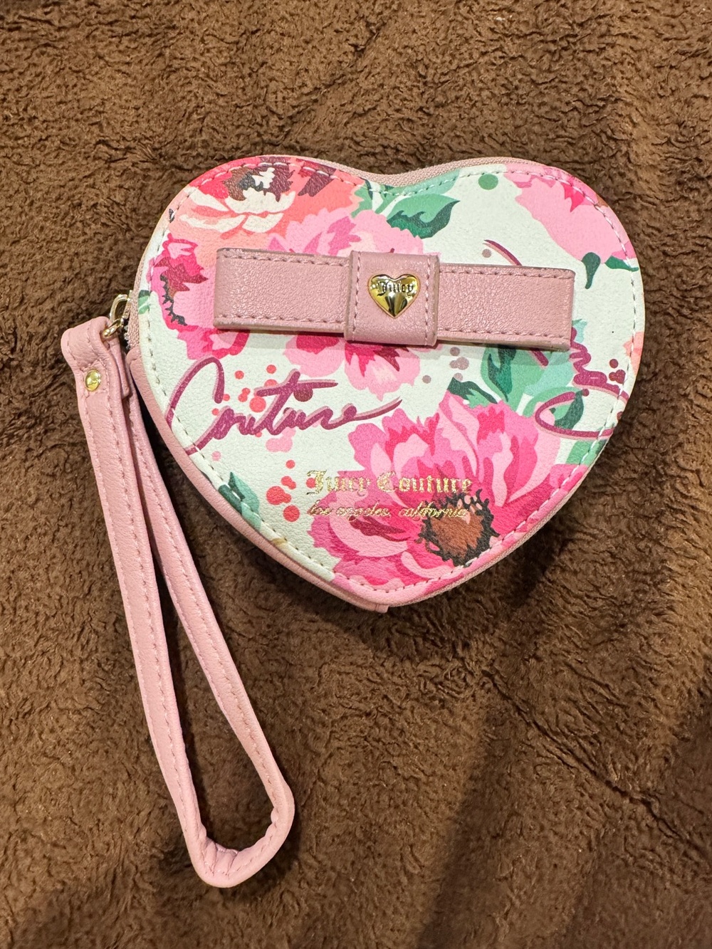Juicy Couture Pink Floral Heart Wristlet with Bow Accent